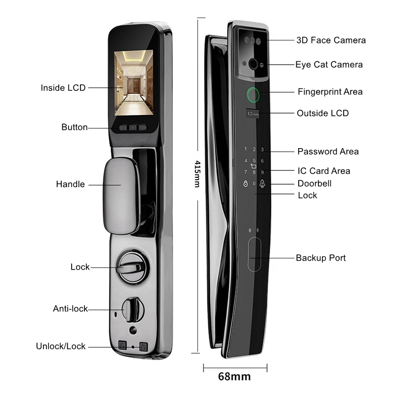 Pengenalan Wajah Mata Kucing Sidik Jari Wifi Aplikasi Jarak Jauh Kata Sandi Layar Sentuh RFID Kartu IC Elektronik Kunci Pintu Keamanan Rumah