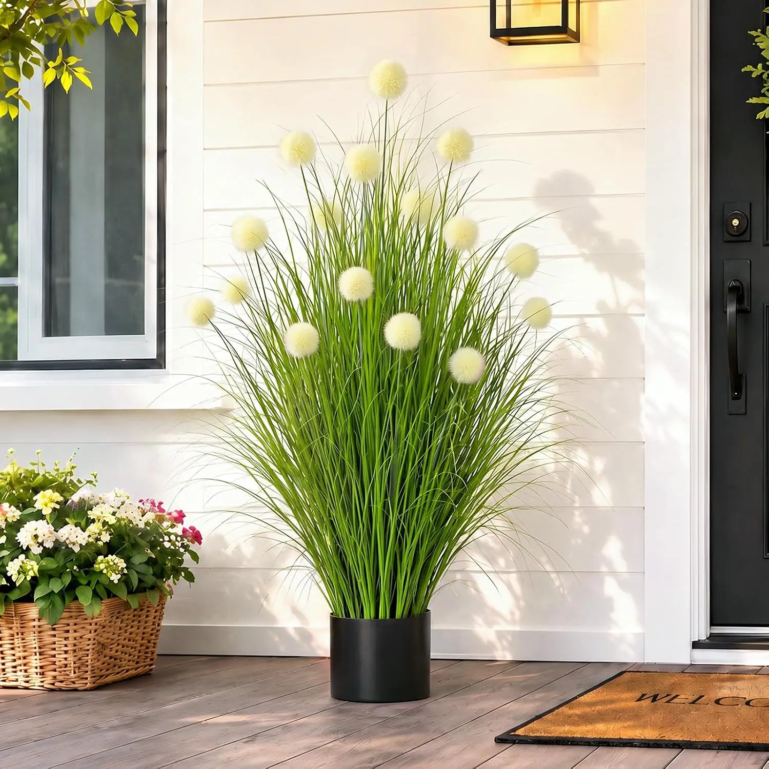 4ft White Faux Tall Grass Plant in Pot, Artificial Onion Grass Plant
