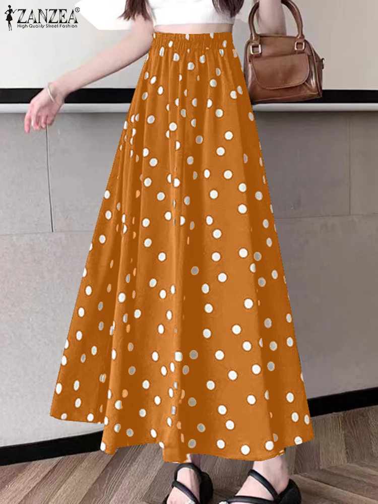 

ZANZEA 2025 Summer Women Polka Dot Bohemian Long Skirt Faldas Elastic Waist Jupe Beach Casual Pleats A Line Midi Skirts Femme