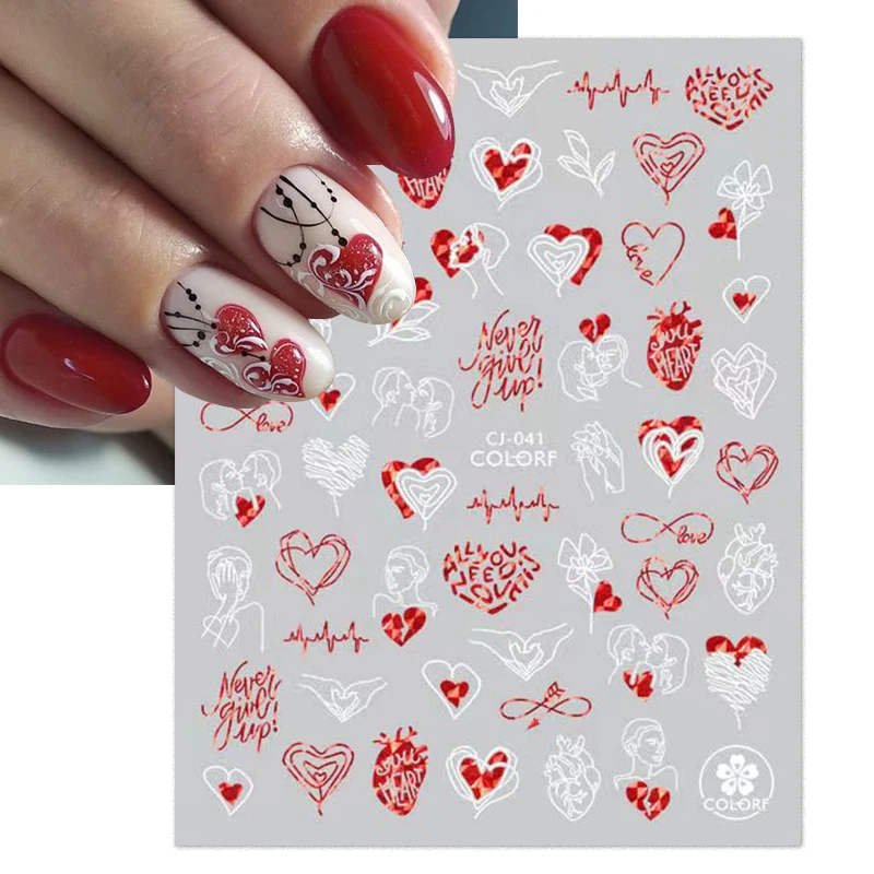 1Sheet 3D Red Heart Laser Nail Sticker Black Letter Star Line Self-Adhesive Slider Valentine's Day Series Nail Decals Decoration