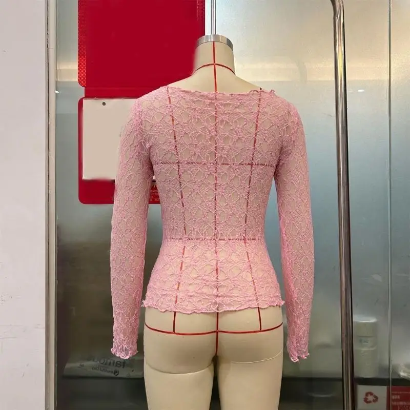 Mujeres cuello redondo manga larga pura shingcon top-top color sólido Ver a través camiseta blusa encaje flores