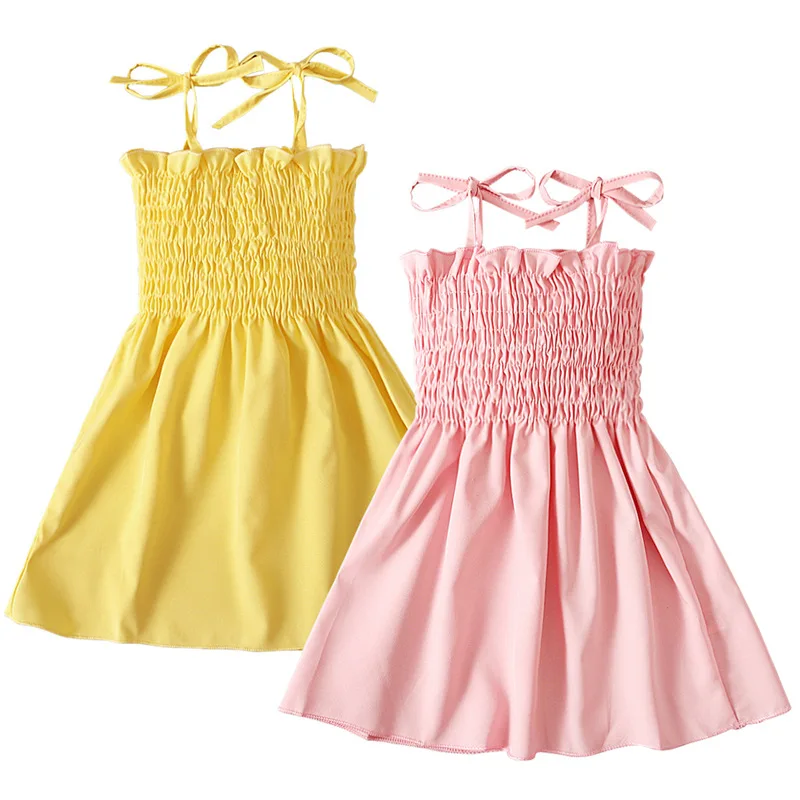 

Summer Kid Girl Vest Dress Sleeveless Beach Dress Solid Slip Princess Party Costume Strap Sundress Ruffles Children Clothes A483