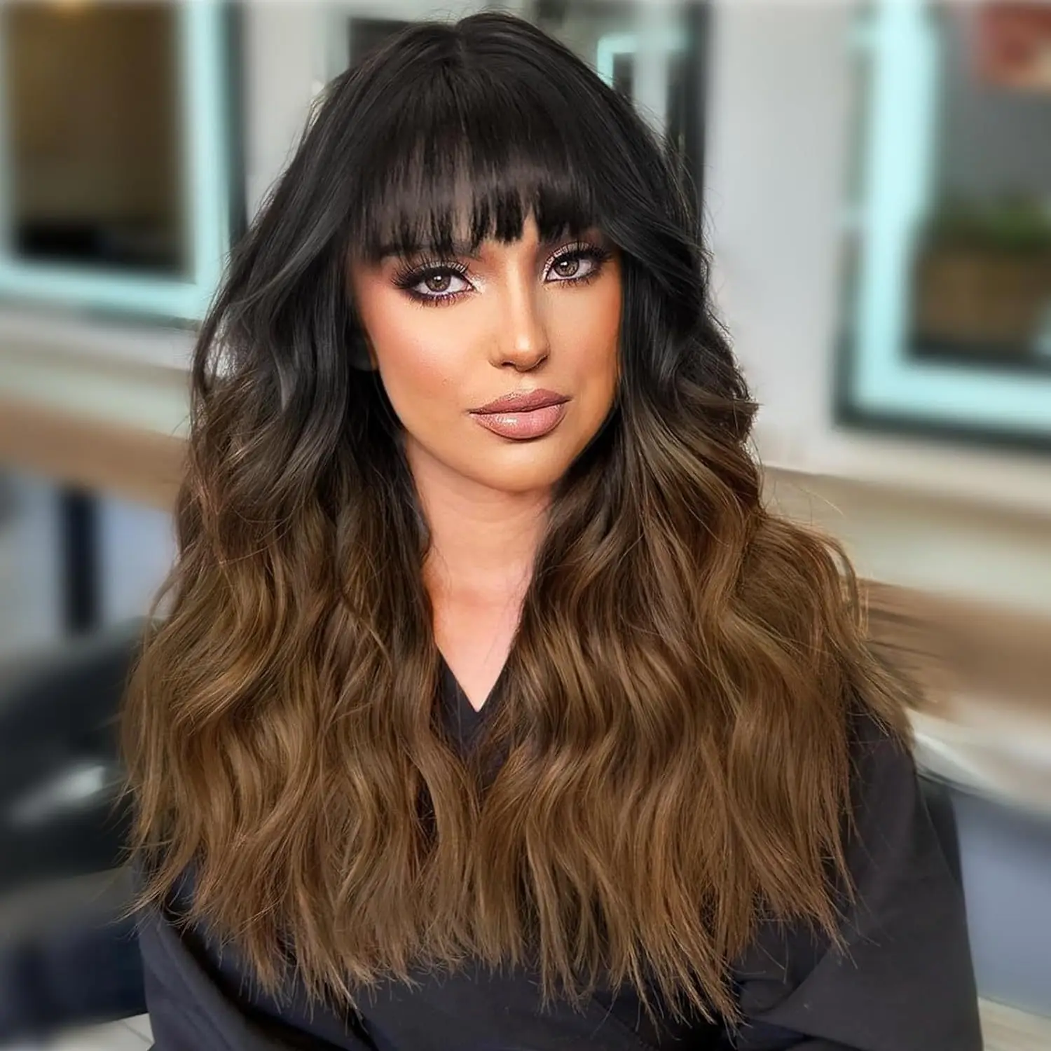 

Bangs Long Wave Wig Black Brown Synthetic Ombre Curly Wave Wig
