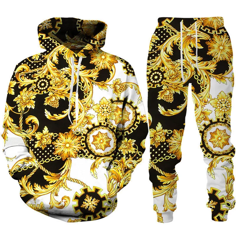 Sudadera con capucha y pantalones con estampado 3D Floral dorado para hombres y mujeres, chándal informal, conjunto de moda, traje deportivo,