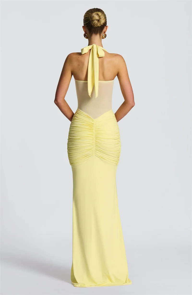 Mozision Halter-Backless Sexy Maxi Kleid Frauen Mode Patchwork Off-schulter Ärmellose Geraffte Drapierte Bodycon Club Party Kleid – Detail 14