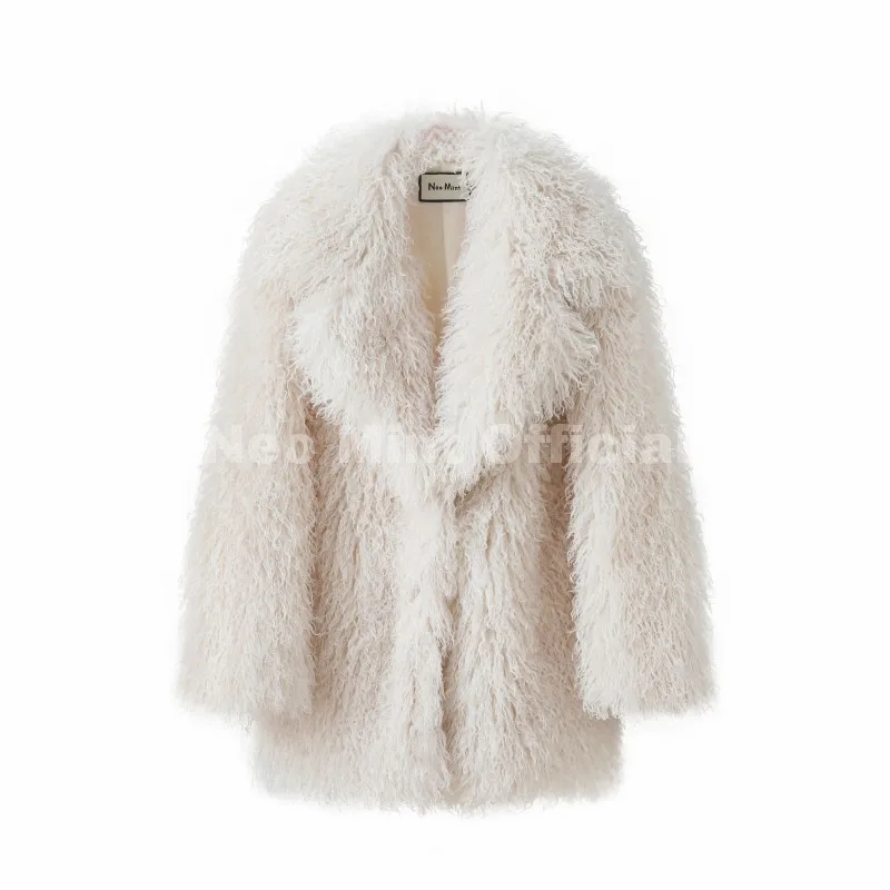 Neo Mint Winter 2025 Trend Burgundy Obsession Long Faux Mongolia Sheep Fur Jacket Coat Women Chic Lapel Collar Fluffy Overcoat
