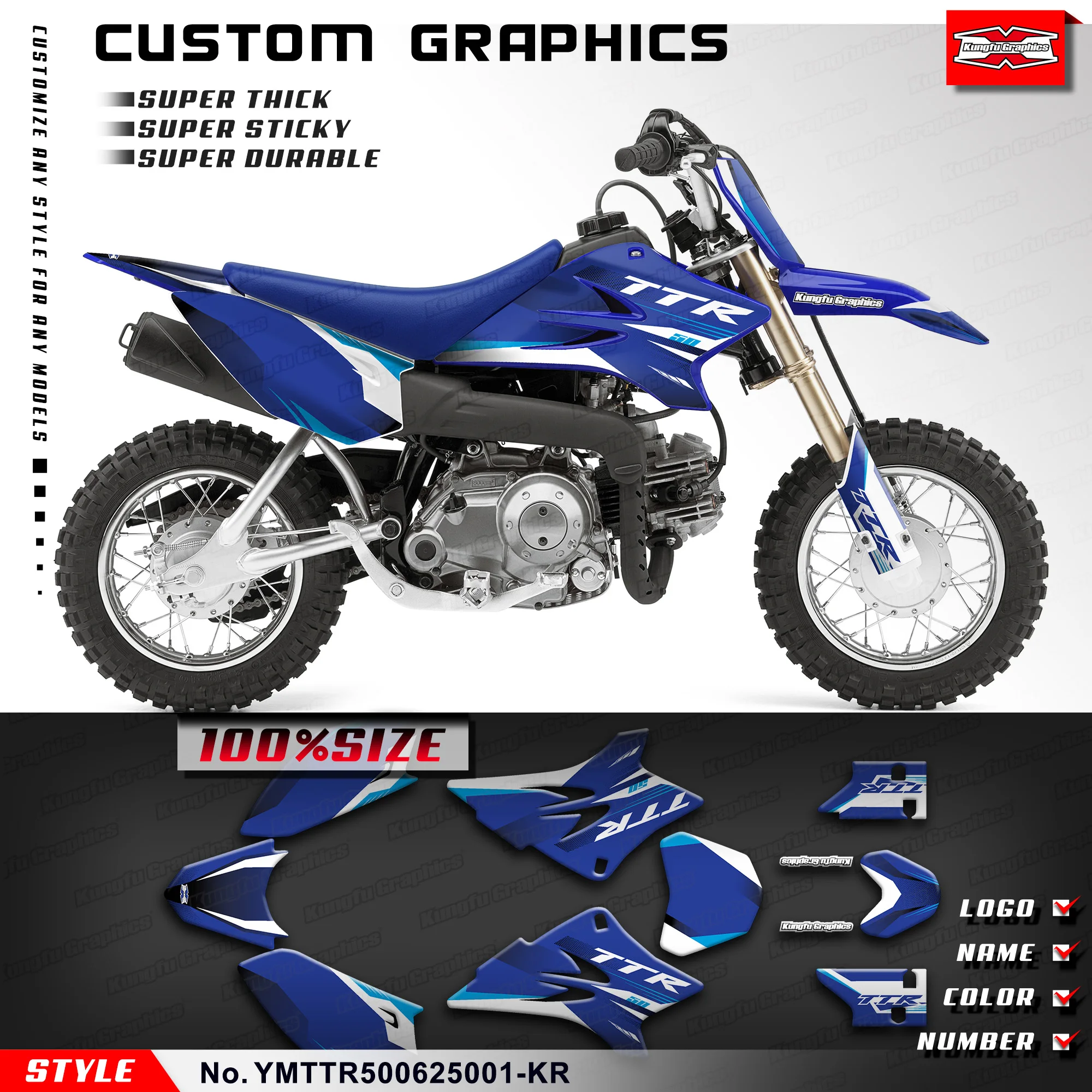 

Наклейки KUNGFU GRAPHICS, полные клейкие наклейки для Yamaha TT-R50E TTR 50 TT-R50 2006-2026, аксессуары, YMTTR500625001-KR