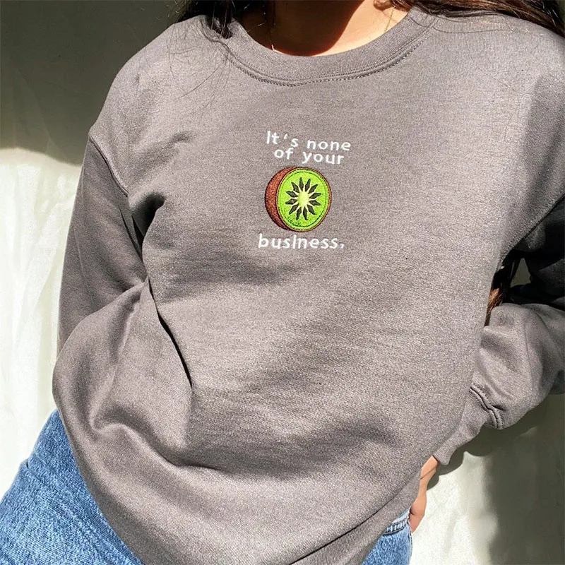 It's None of Your Business Kiwi Fruit Embroidered Jumpers Dark Gray Cotton Thick Crewneck Pullover Autumn Thick Warm Sweatshirts