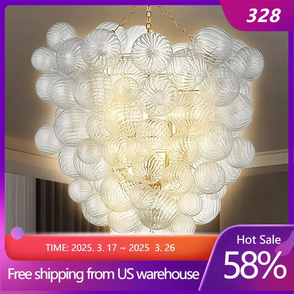 Mid Century Bubble Ball Swirled Glass Chandelier, 2-Layer Cages Gild Gold and Clear Blown Glass Large Pendant Light Fixture