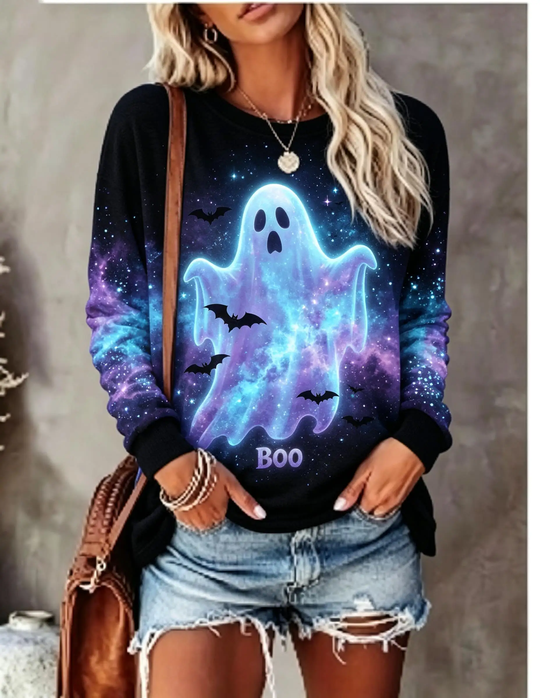 Women Halloween Long Sleeve T‑Shirt Purple Glowing Ghost Lightning Bat Print Crew Neck Tops