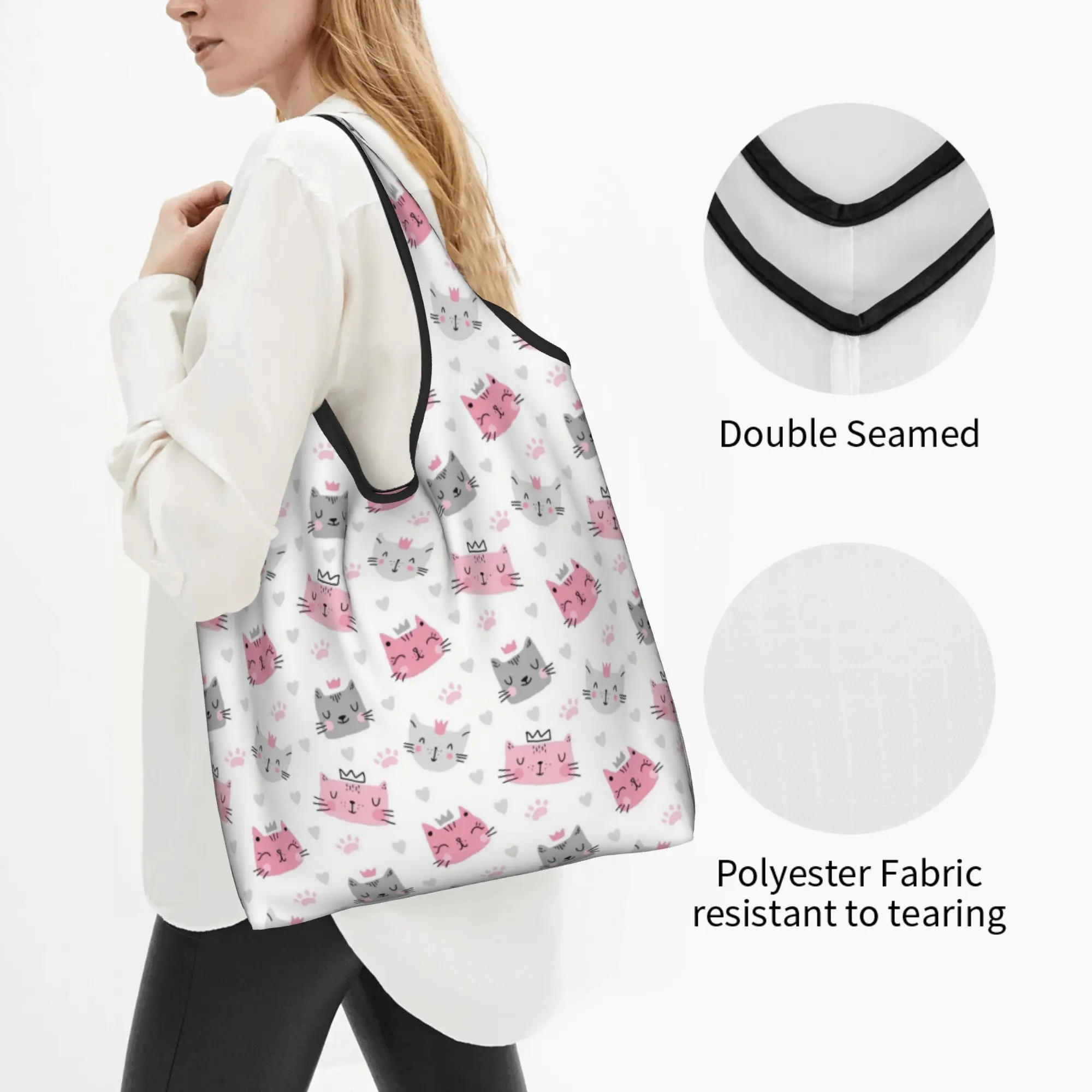 Cute Creative Cat  Groceries Shopping Tote Bag Women Custom  Shopper Shoulder Bag Big Capacity Handbag