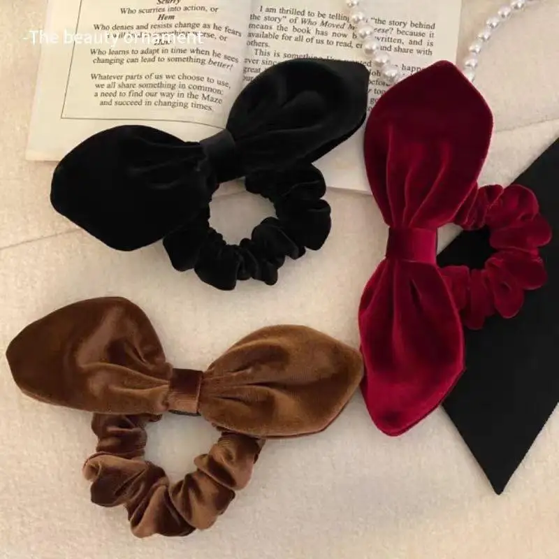 Vintage schwarze Samt-Haargummis mit Schleife für Damen und Mädchen, elegante Haargummis für hohe Pferdeschwänze, elastische Haarbänder, Haarschmuck – Detail 2
