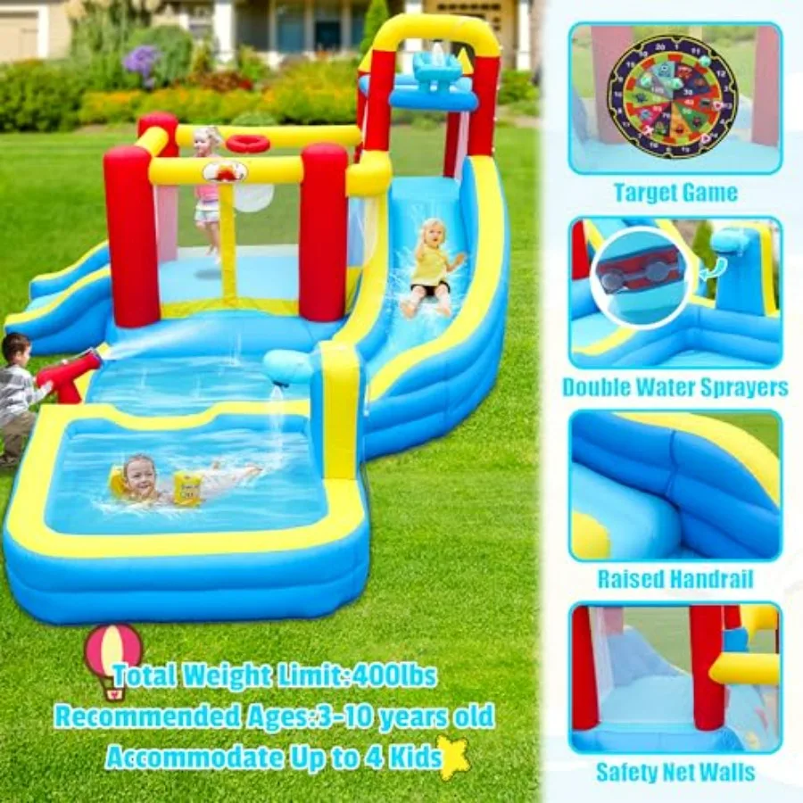 Inflatable Water Double Slides Park for outdoor use, PVC material, blue and yellow, includes blower, deep pool, climbing wall,