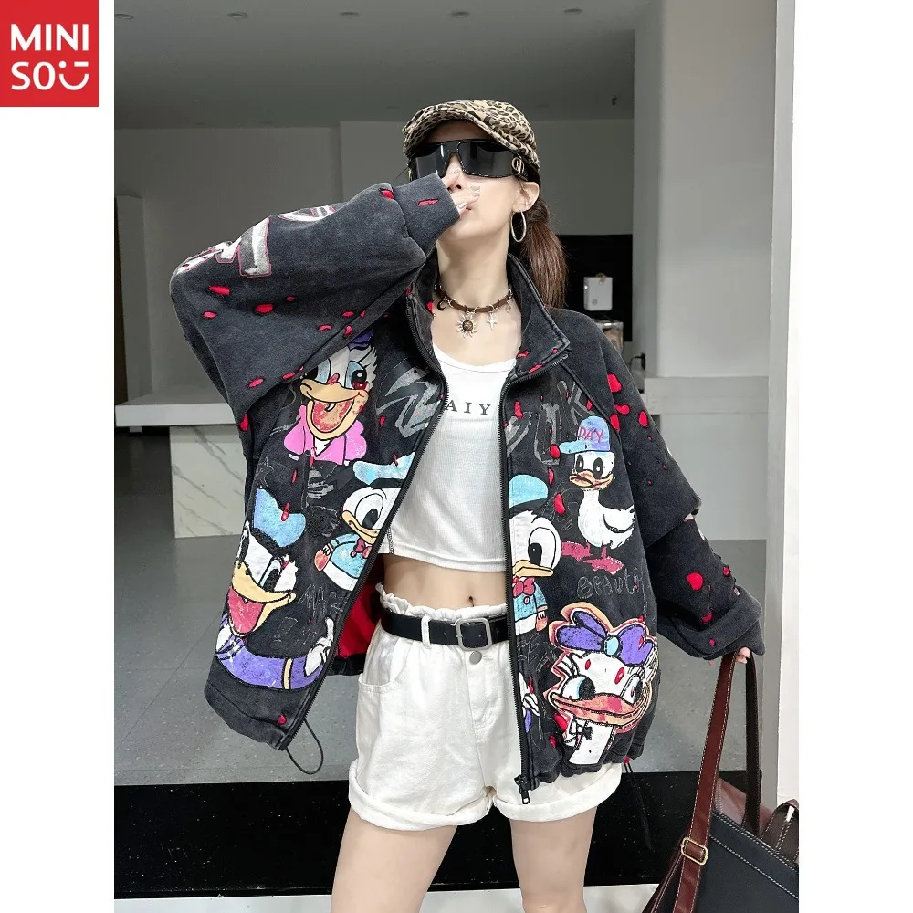 

Disney Thickened Sequins Black Sweater Jacket Women's Loose Lazy Style Foreign Style Cartoon Age Reduction Ripped Hip Hop Top