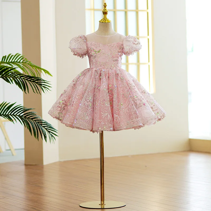 2024 Bubble Sleeves Sequin Girls Dress Pink Sweet Clothing Elegant Evening Girl Dresses Birthday Prom Vestidos for Children Baby