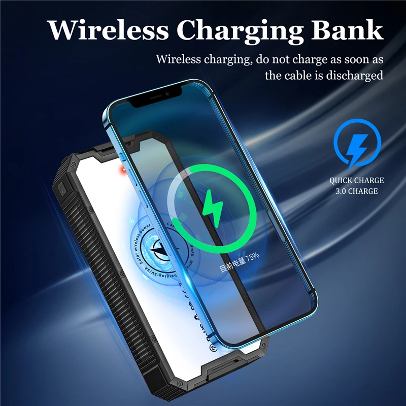 Solar Power Bank 36800mAh Wireless Charger Powerbank Portable Charger for Huawei Xiaomi iPhone 15 Poverbank with camping Light