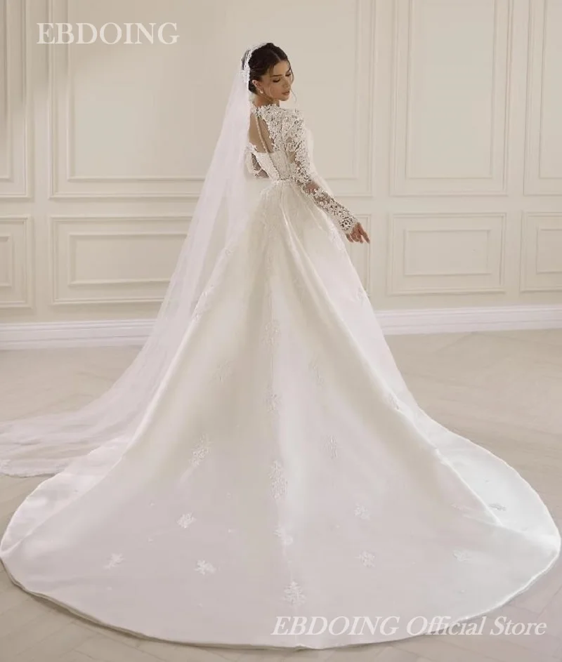 EBDOING Wedding Dress  A-Line Lace Illusion Sheer Neck Full Sleeves With Detachable Train Customized Bride Gown
