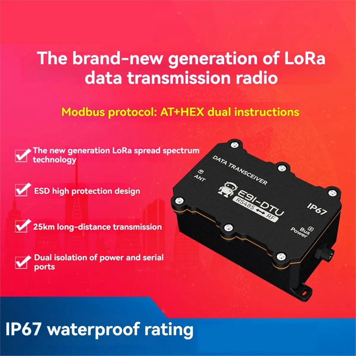 (A99Z] LoRa Wireless Data Transmitter 410-493 MHz Modbus AT+HEX Dual-Instruction RS485 IP67 Waterproof