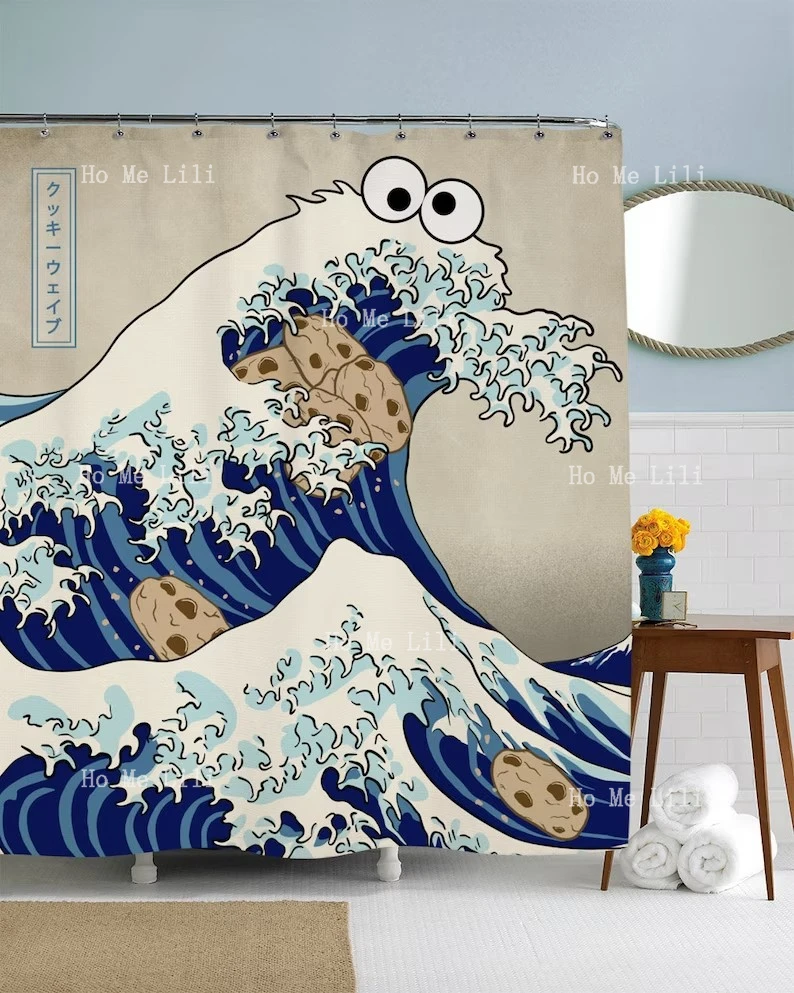 Cookie Monster Japanese Ocean Shower Curtain Blue Bathroom Decoration Fun Gift