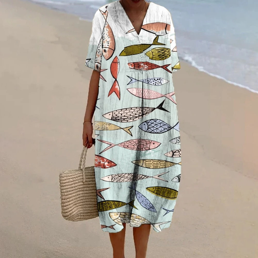 Sardines Fish Print Dress Women Maxi Baggy Dress Vintage V Neck A-line  Elegant Dresses Girls Linen Beach Skirt - AliExpress 200000345