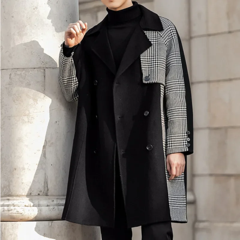 

Double Sided Cashmere Coat Men's Thousand Bird Lattice Stitched Winter Coat Medium Long Men's Wool Blend Cloth Thickened Trench