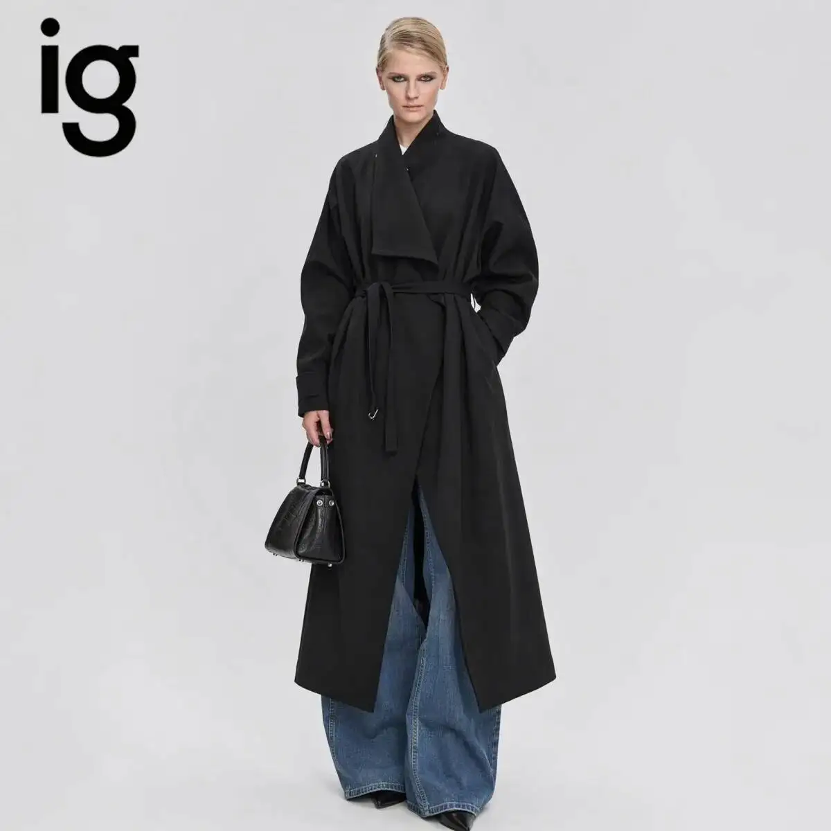 IG 2026 Gabardina Larga Oversize para Mujer con Solapa en Cascada, Cinturón de Tela Ajustable en la Cintura, Ajuste Holgado, Manga Larga, Casual