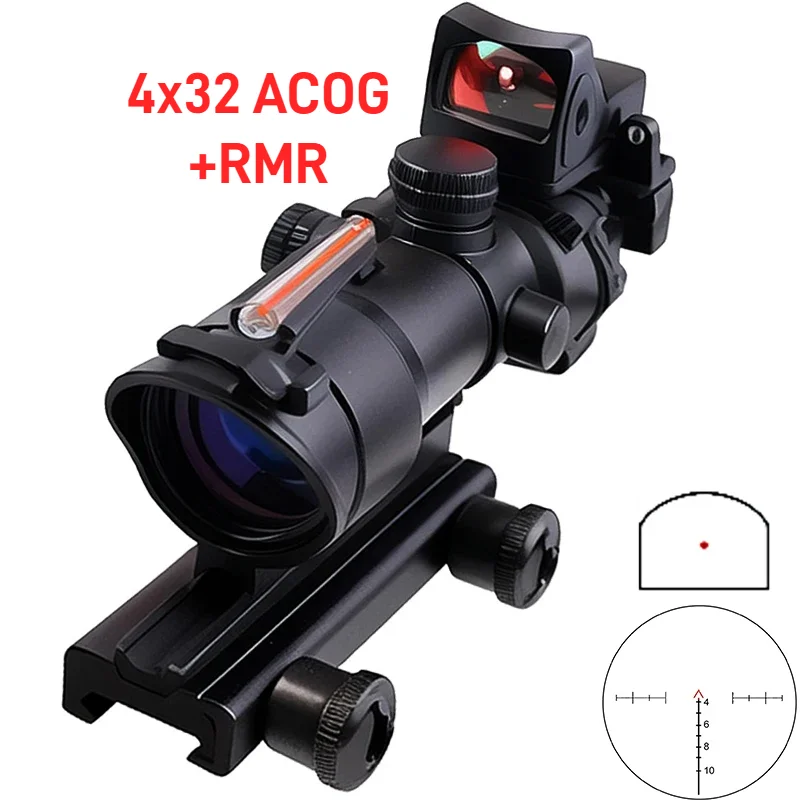 

4x32 Hunting Riflescope with Fiber Optic Sight and RMR Mini Red Dot Sight Illuminated Reticle Prism Scope Hunting Gun Scopes