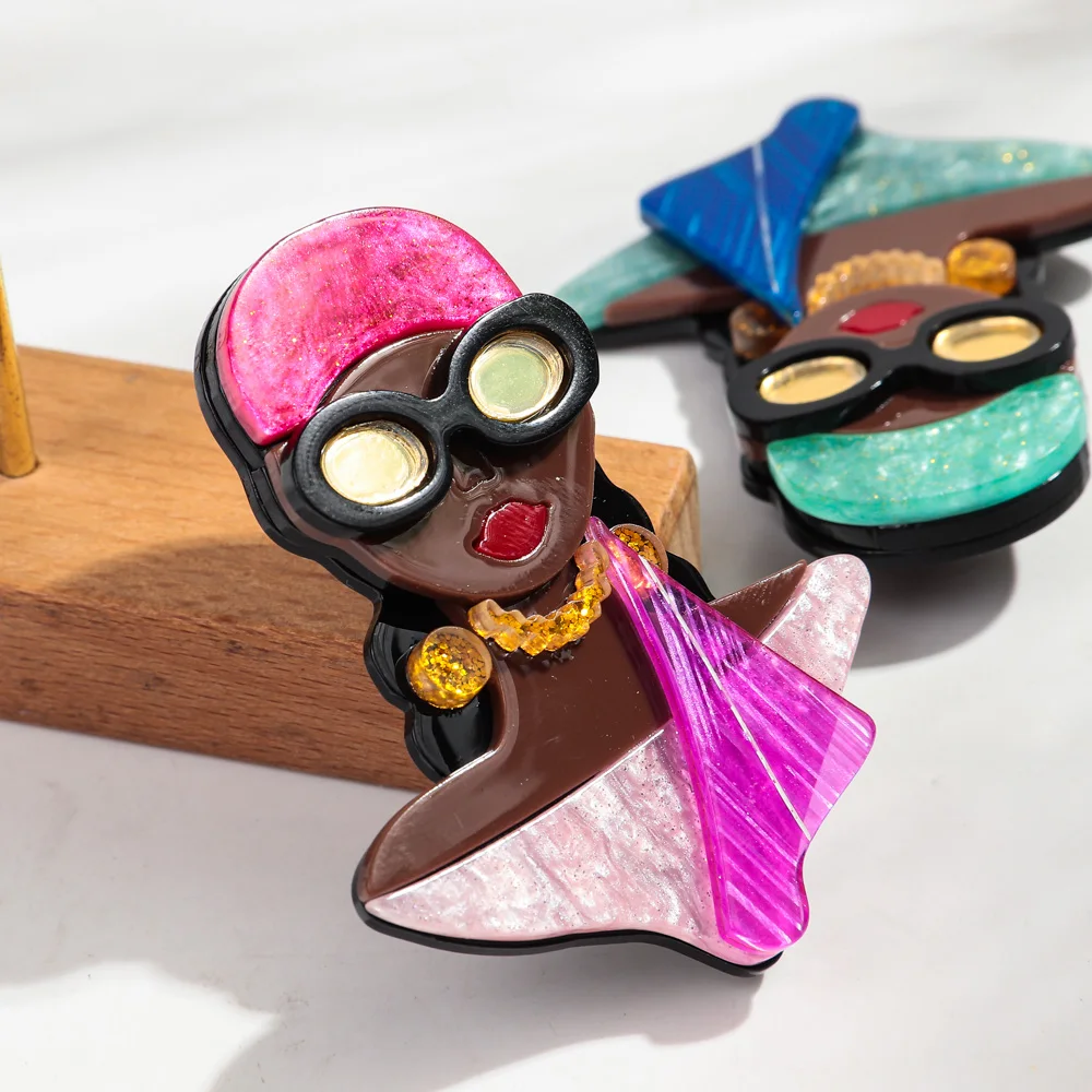 New Acrylic Fashion Sunglasses Black Girls Brooches for Women Cartoon African Lady Figure Badges Pin 2024 Jewelry Accessories
