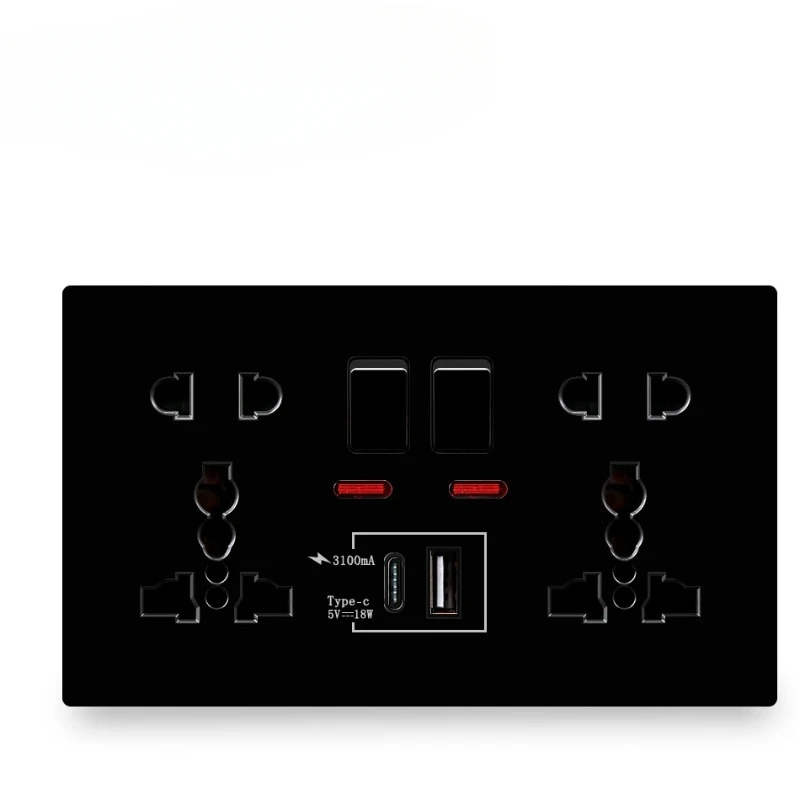 UK Standard USB Interface Socket，Wall Quick Charge Socket, 18W Type-C Ports, Dual Switch Control Universal Power Outlet