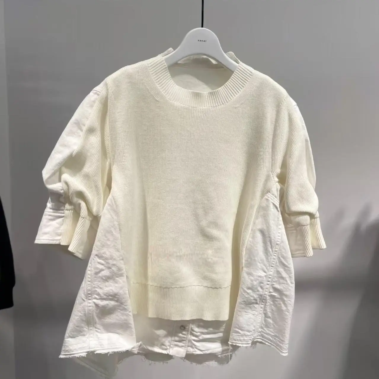 FOG SACAI Japanse Sle Lente Zomer Nieuwe Splicing Denim Overhead irt ort Sve Bubble Sve Design Sense Gebreide Trui