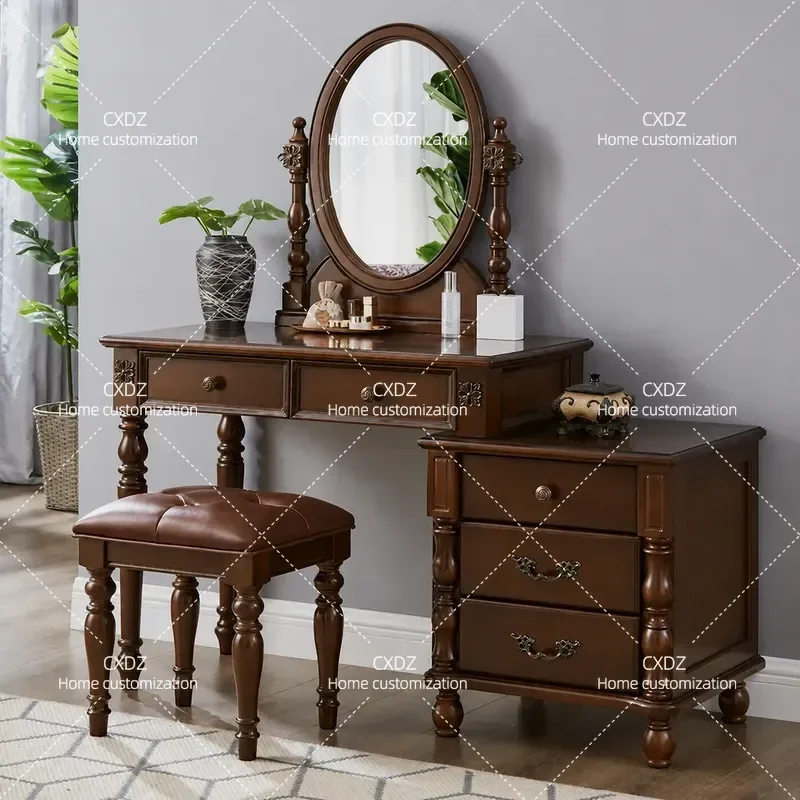 All Solid Wood American Country Style Dresser Modern Simple Makeup Table with Storage Cabinet and Stool for Small Apartment