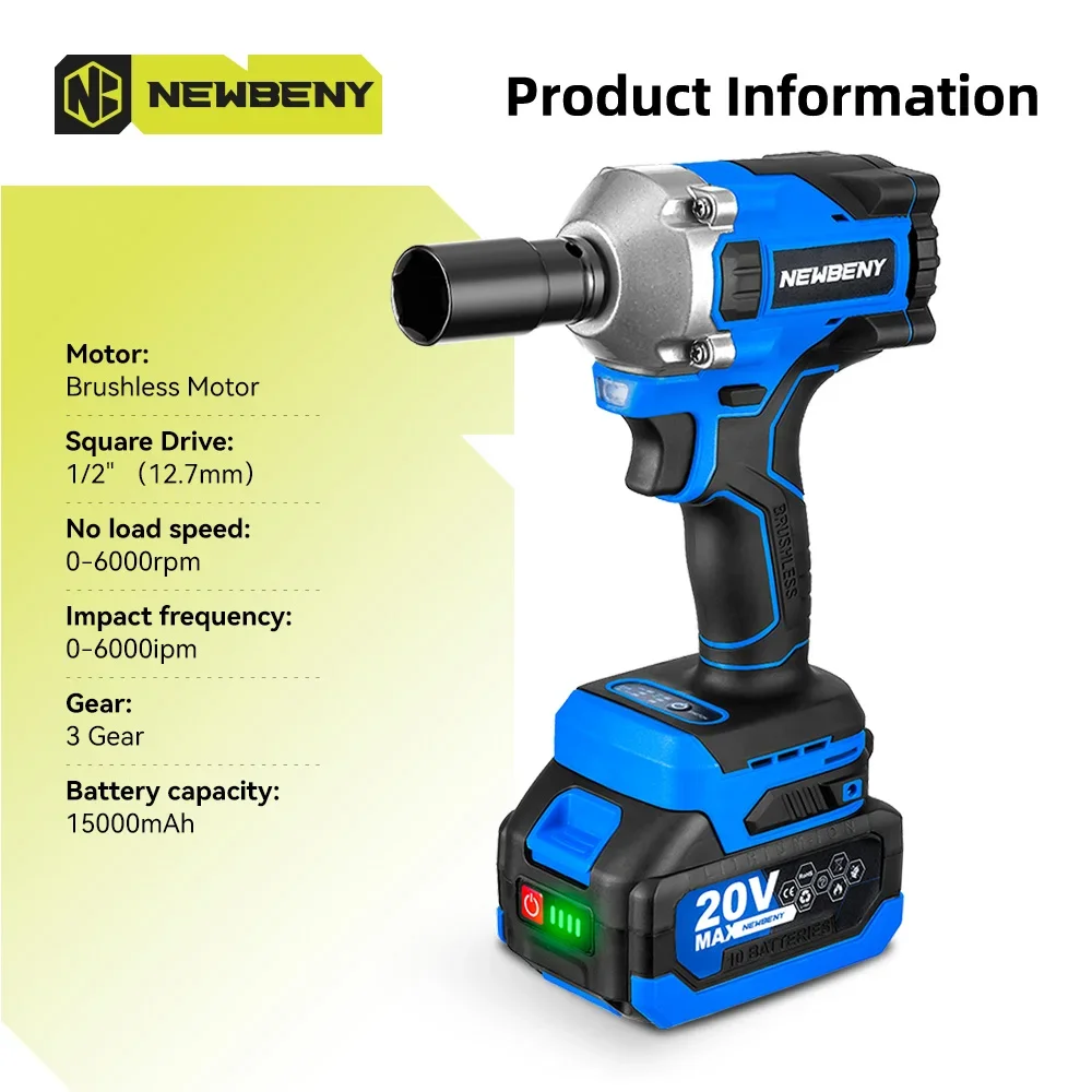 NEWBENY 1000N.m 1/2 inch Brushless Electric Wrench 3Gear Cordless Handheld Impact Wrench Driver Power Tool For Makita 18VBattery