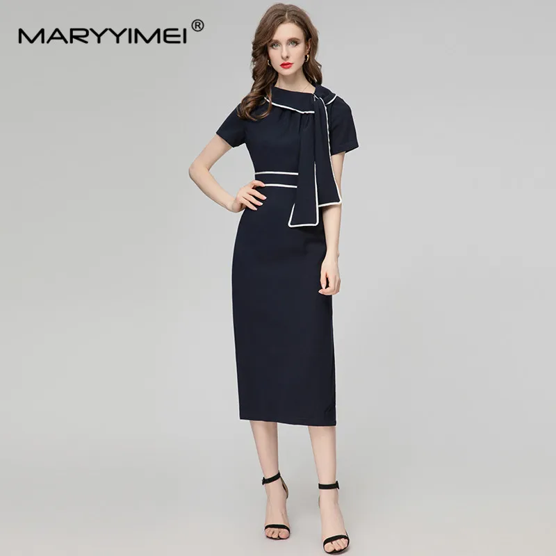 

MARYYIMEI Fashion Women's 2024 Spring New Round Neck Lace-Up Short-Sleeved Dark Blue Vintage Patchwork Mid-Length Slim Fit Dress