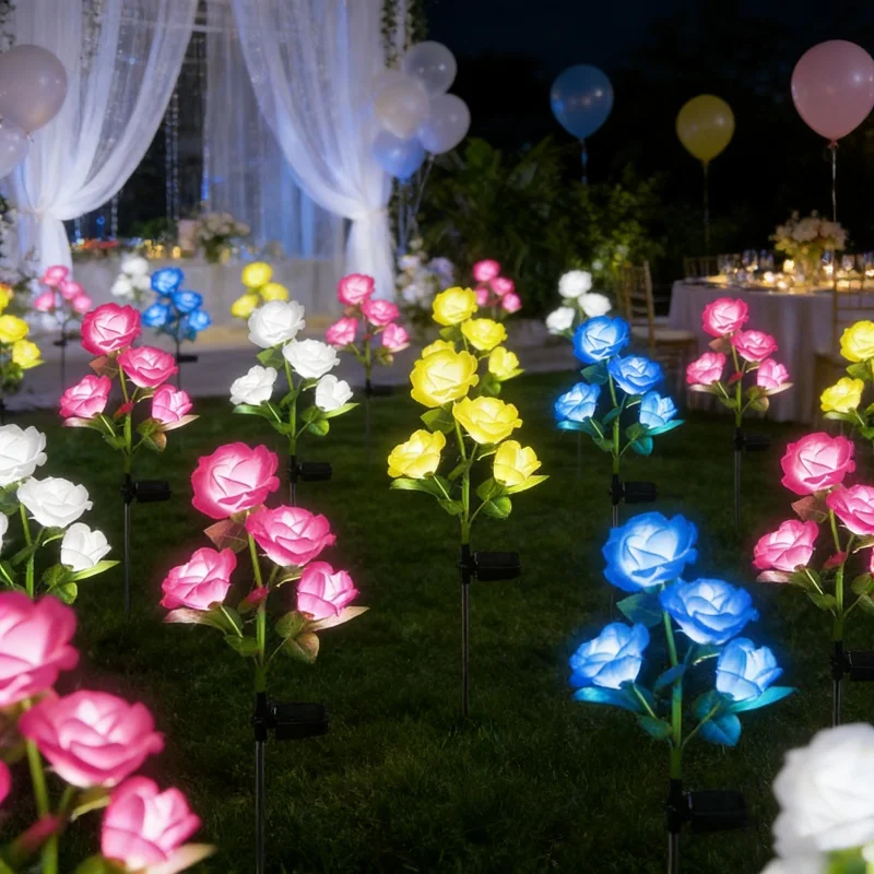 Outdoor Solar LED Lawn Lamp Artificial 5-Heads Rose Flower Holiday Garden Ground Light Summer Wedding Party Yard Decoration