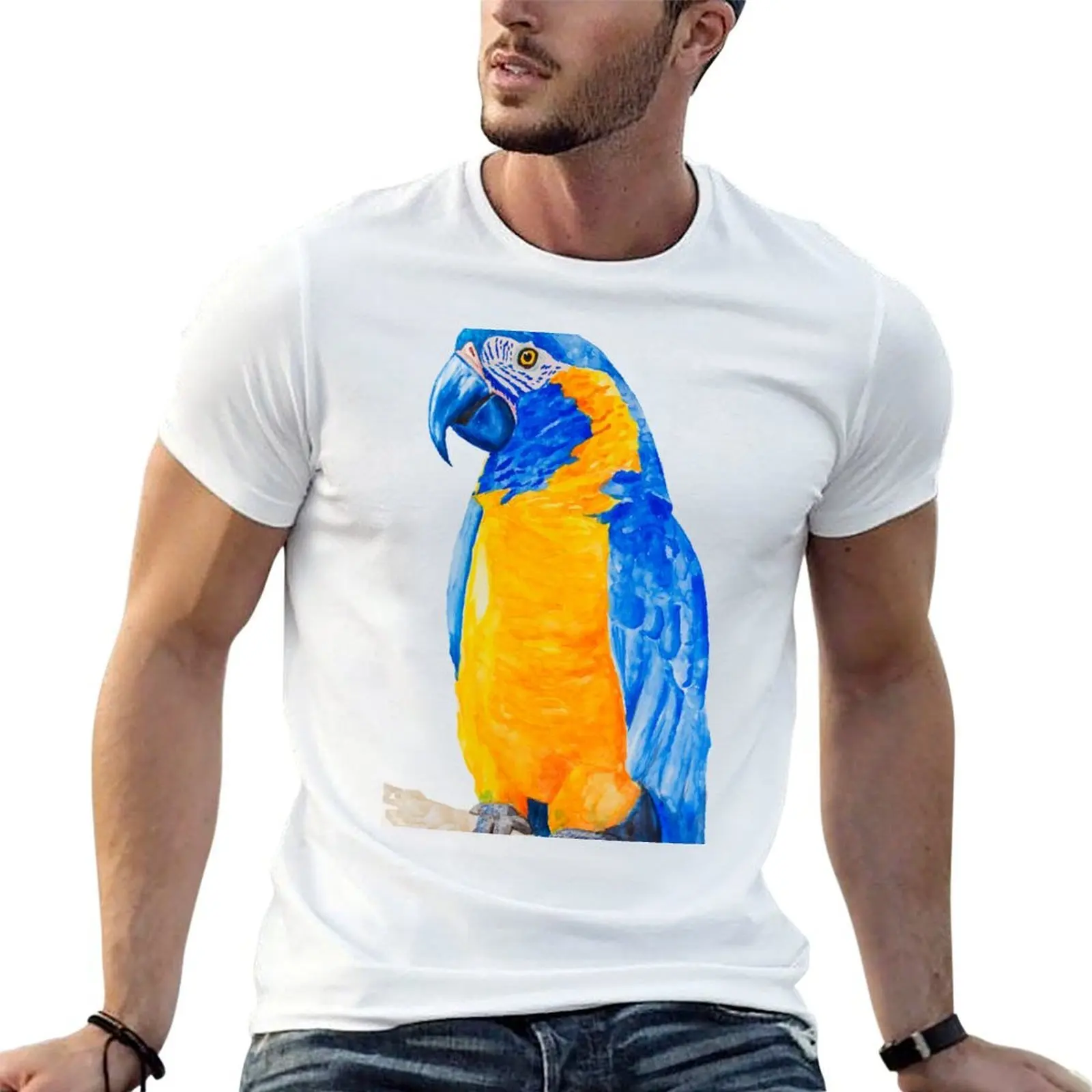 blue throated macaw parrot bresil watercolor art print T-Shirt graphic shirts funny costumes Men's t-shirt