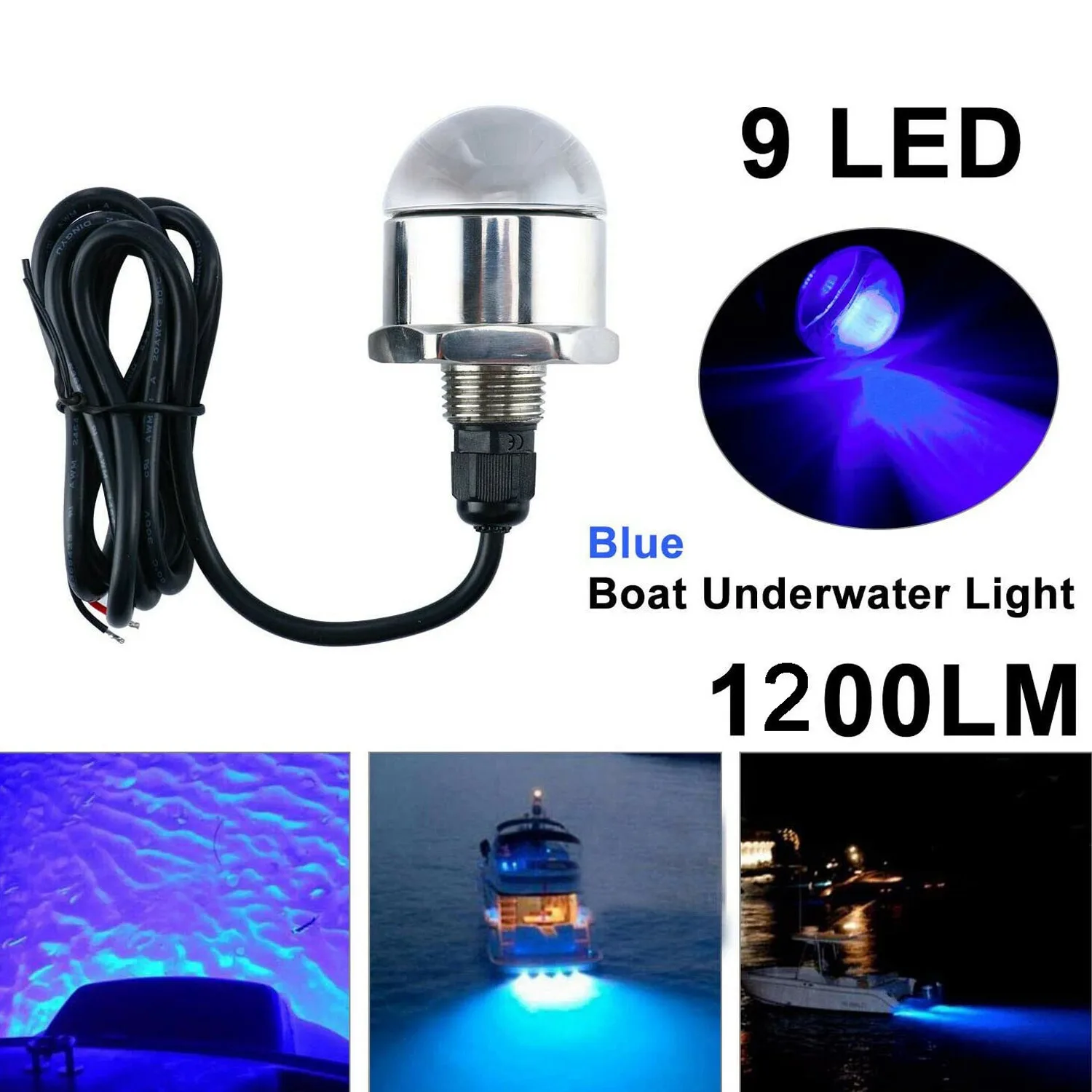 12V 1/2Inch NPT Underwater 9 LED Drain Plug Light M12 x 1.25 Stainless Steel Marine Underwater LED Light Boat,Blue