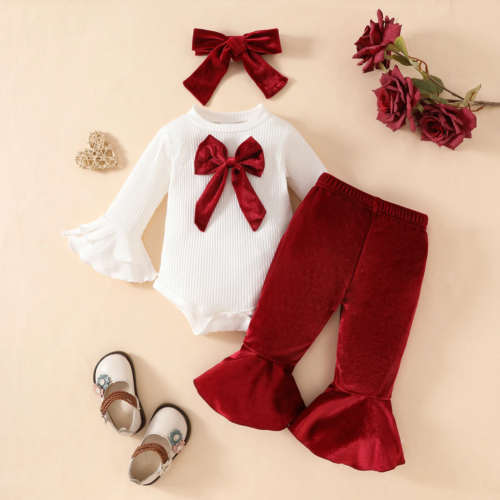 Autumn New Baby Clothes Set 0-18M Infant Girls' Bow Bodysuit+Red Bell Bottom Pants +Headband 3Pcs Toddler New Years' Suit