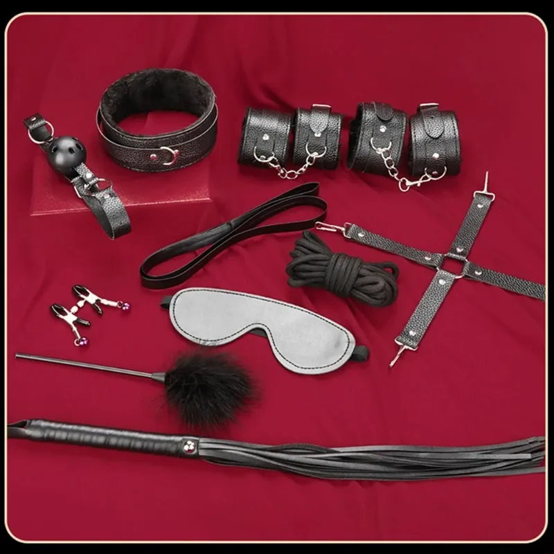 Kit de sujeción de Bondage BDSM, 10 piezas, collares con cordones,máscaras para los ojos,bolas para la boca,látigos,cuerdas