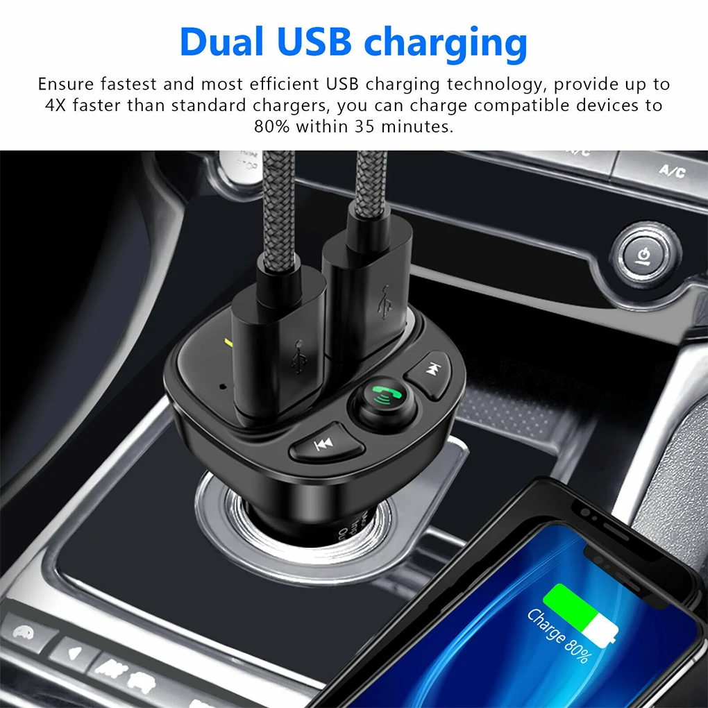 Car Bluetooth 5.0 FM Transmitter QC3.0 Dual USB Fast Charger Colorful Ambient Light Handsfree MP3 Modulator Player