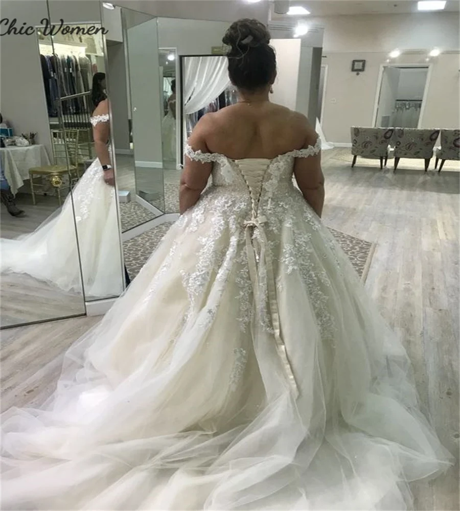 Plus size vestido de casamento para mulheres negras lindo fora dos ombros personalizado país vestidos de noiva apliques uma linha jardim noiva