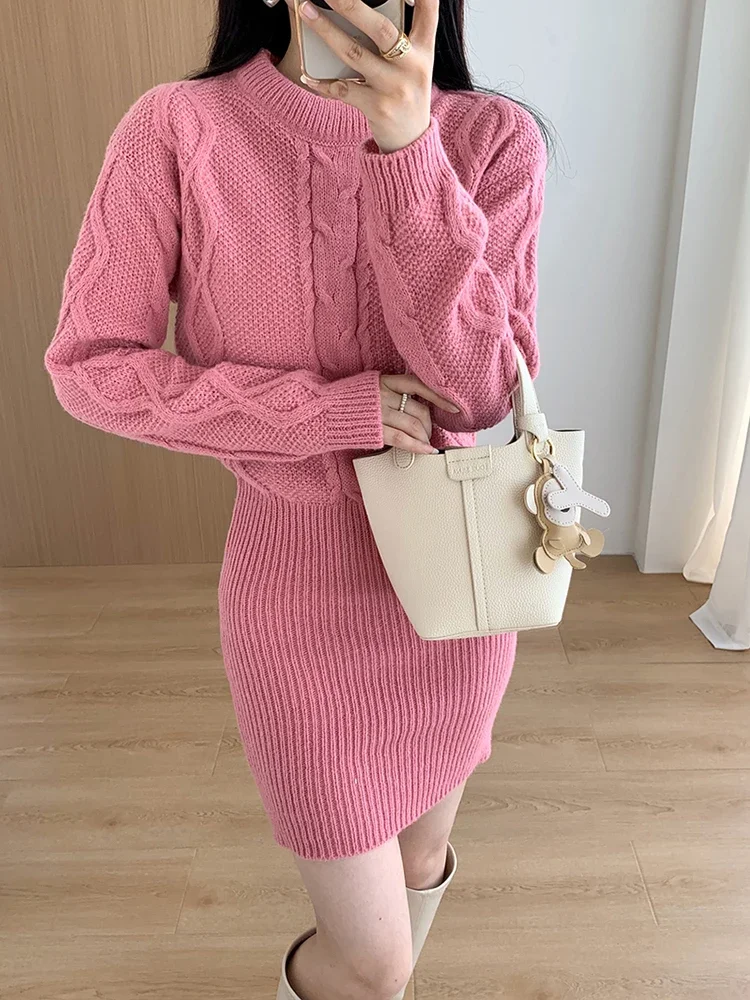 Ribbed Pullover Bodycon Dress Knit Bating Sleeve Fake Two Piece Dress Thickened Warm Dress For Women 2024 Fall Winter