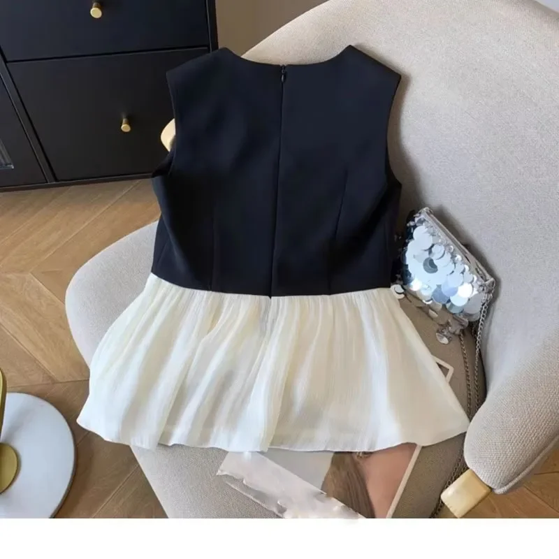 2025 여름 신상 여성 패션 블랙 화이트 패치워크 베스트, 슬림핏 민소매 화이트 탑, Y2K 스타일