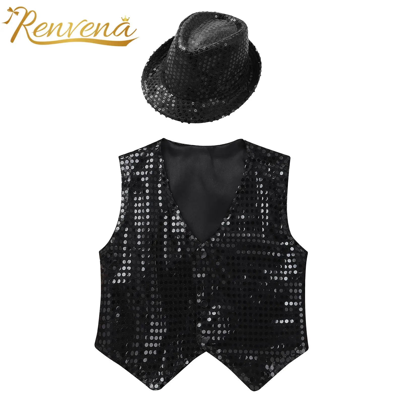 

Kids Boys Glittery Sleeveless Vests Sequins Waistcoat with Hat Child Hiphop Clothes Jazz Street Dance Stage Performance Costume