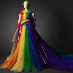 Colorful Evening Dresses For Women Floor Length Prom Dress Rainbow Women Clothing Female Clothing With Train Custom Made