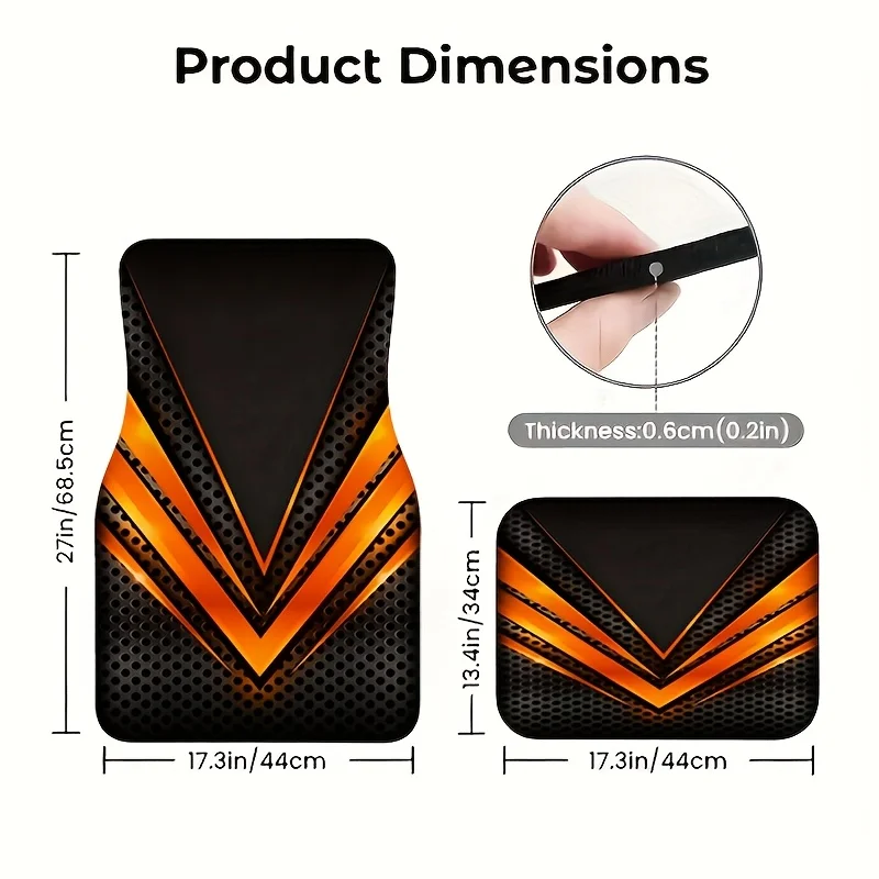 4pcs Black And Orange Metal Geometric Style Car Mats, Sporty Mecha Design, Wear-Resistant And Non-Slip Universal Car Mats, Four-