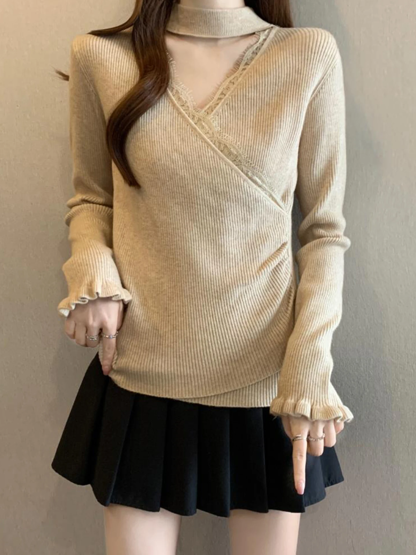 

Lace Trim V-Ne Cross Hanging Ne Knitted Sweater Women's Autumn Winter plus Size Lazy Faion Inner irt Top