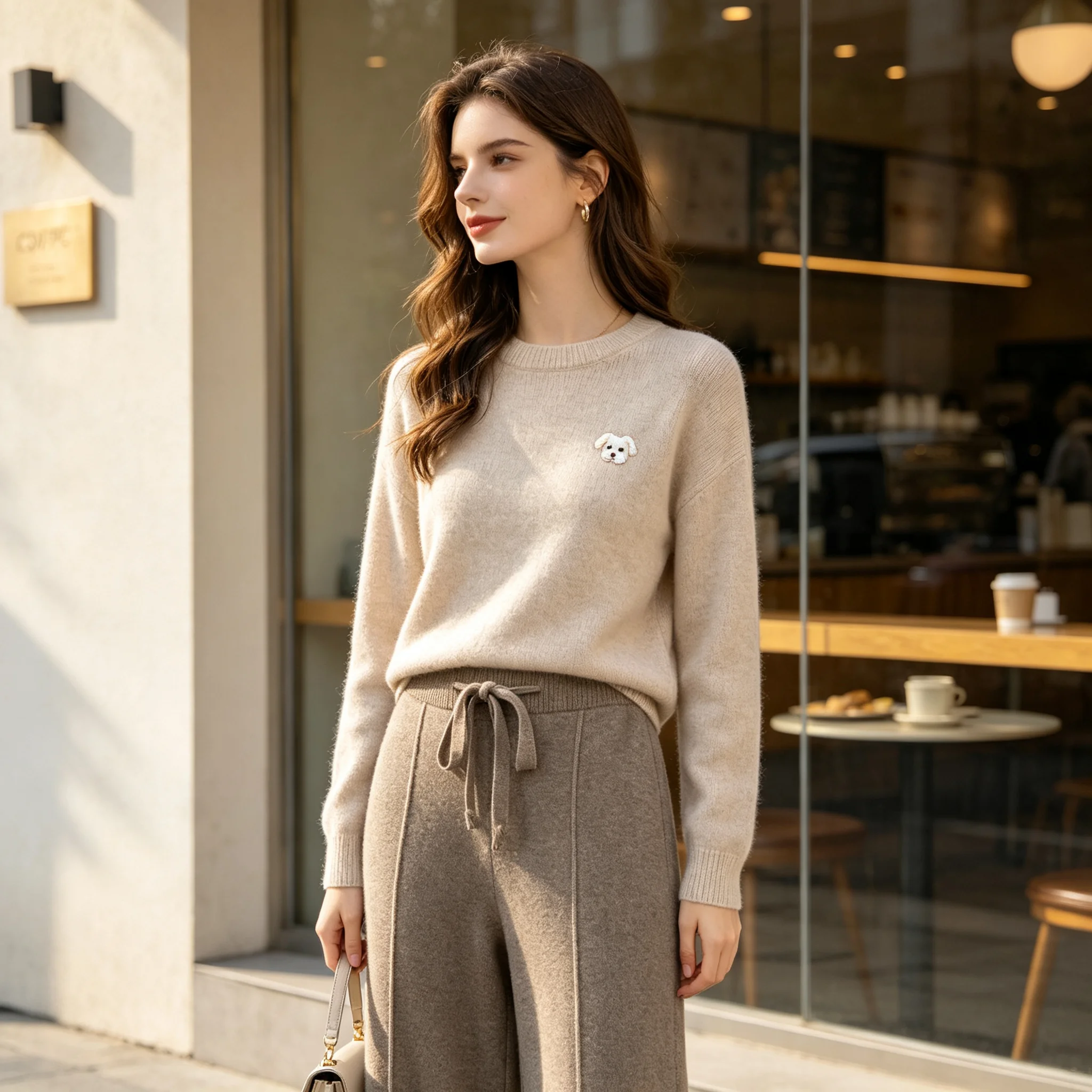 Wide-leg pants, cashmere knitted straight pants, thickened and relaxed in autumn and winter, wearing short mopping pants.