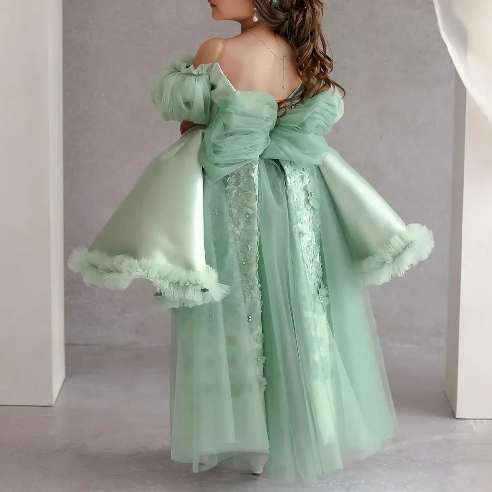 Fashion Sage Green Flowers Girl Dress for Wedding Off the Shoulder High-Low Length Baby Birthday Party First Communion Dress