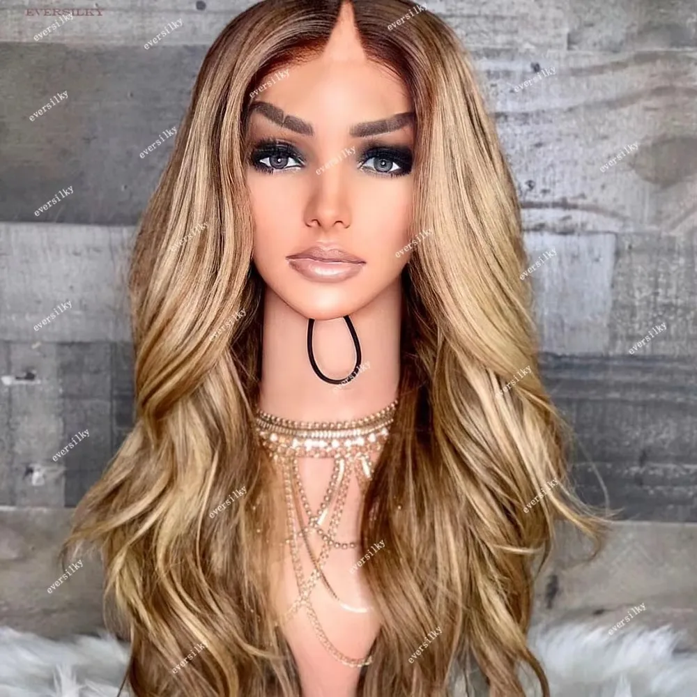 

Highlights Chestnut Brown Blonde Loose Wavy V Part Wig 100% Remy Human Hair Wig Ombre Strawberry Body Wave Full U Shape End 250%