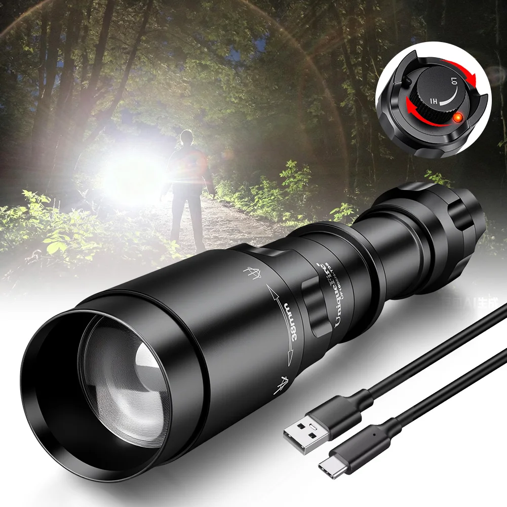 UniqueFire 1605N-T38 White Light LED Flashlight USB C Rechargeable 6000lm Zoom Tactical Torch for Outdoor Activity,Camping